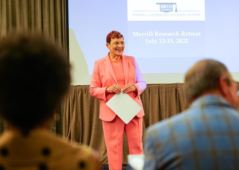 Mabel Rice welcoming participants to the 2022 Merrill Research Retreat